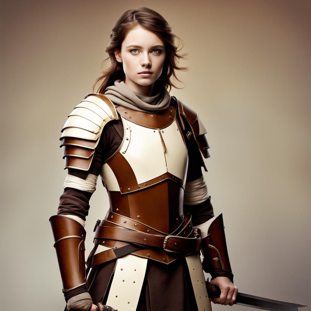 Young Woman Warrior in Cream and Brown Armor