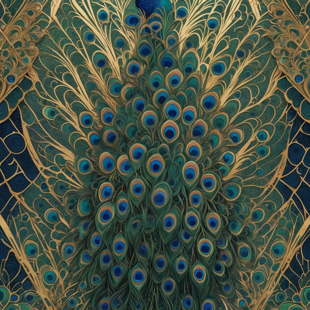 Art Deco-style peacock displaying its vibrant feathers in em...