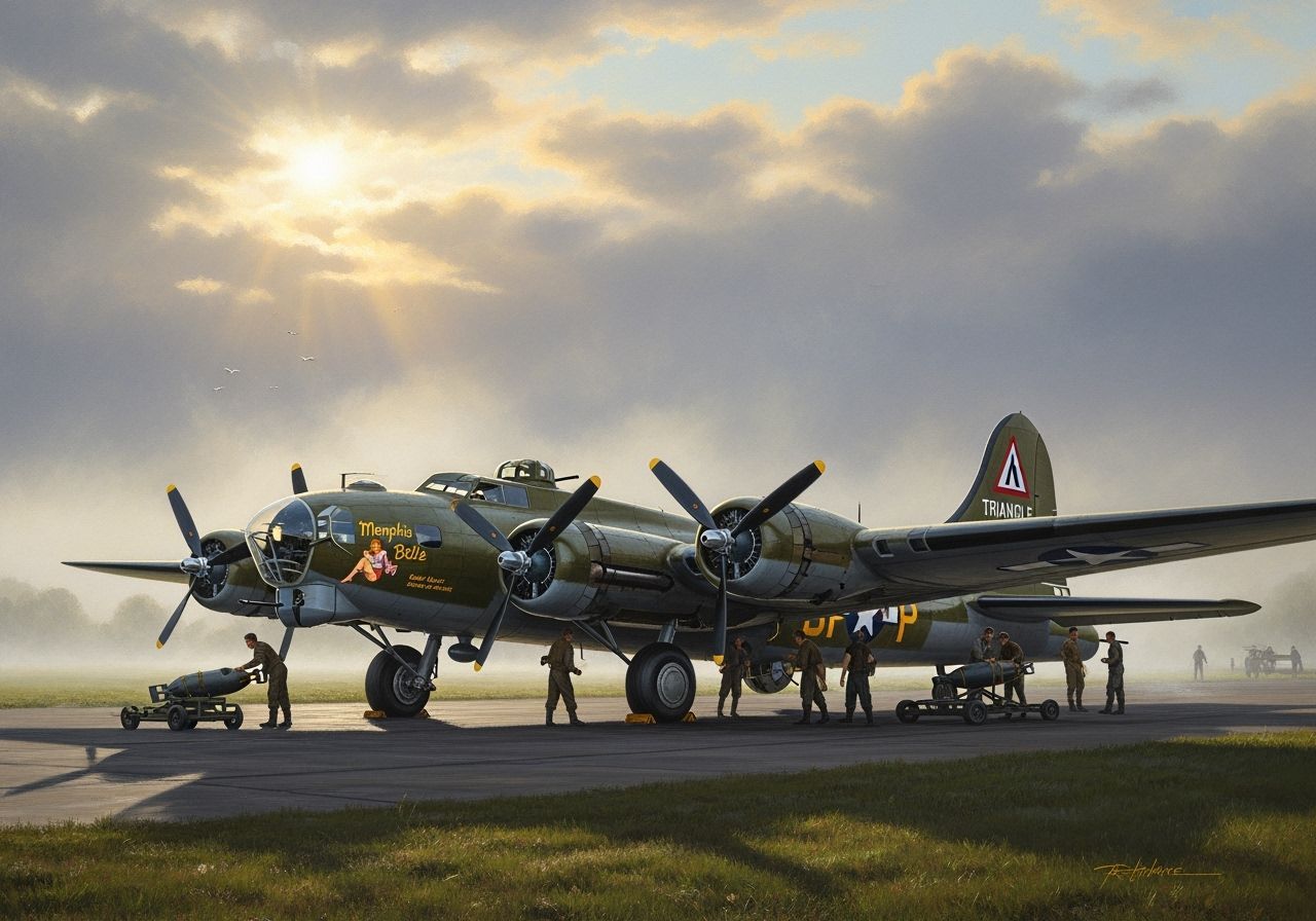 Memphis Belle B-17 Bomber at Dawn, Oil Painting Style