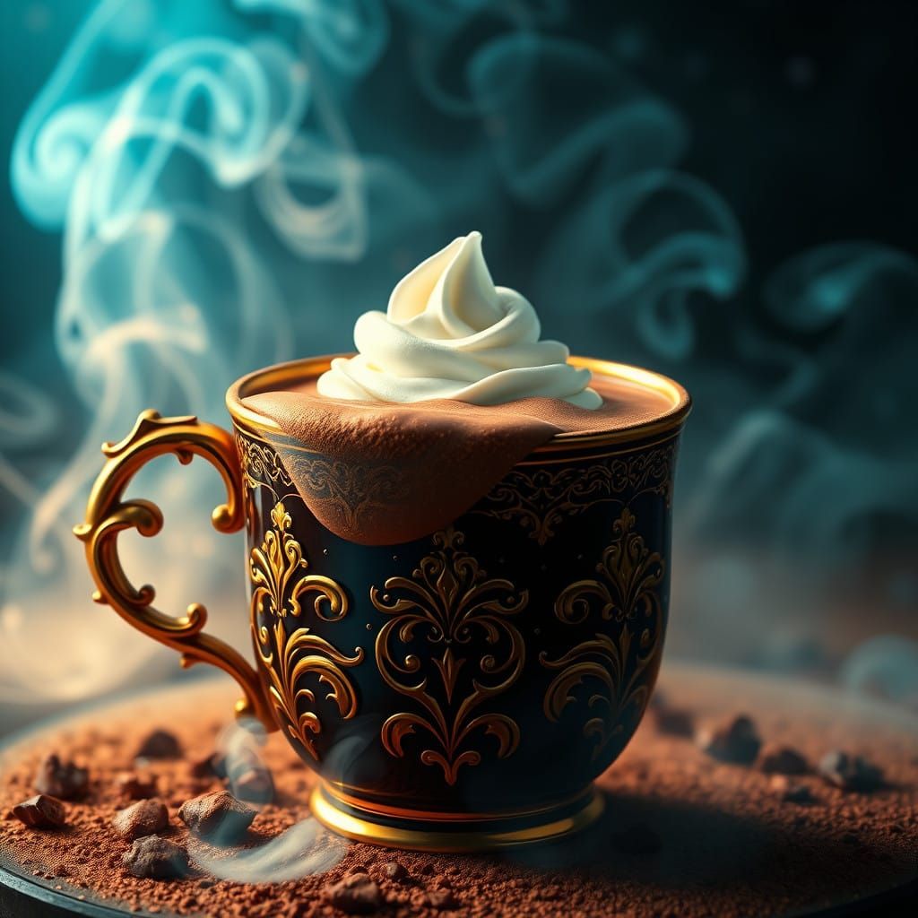 Warm Fantasy Hot Chocolate Scene with Golden Accents
