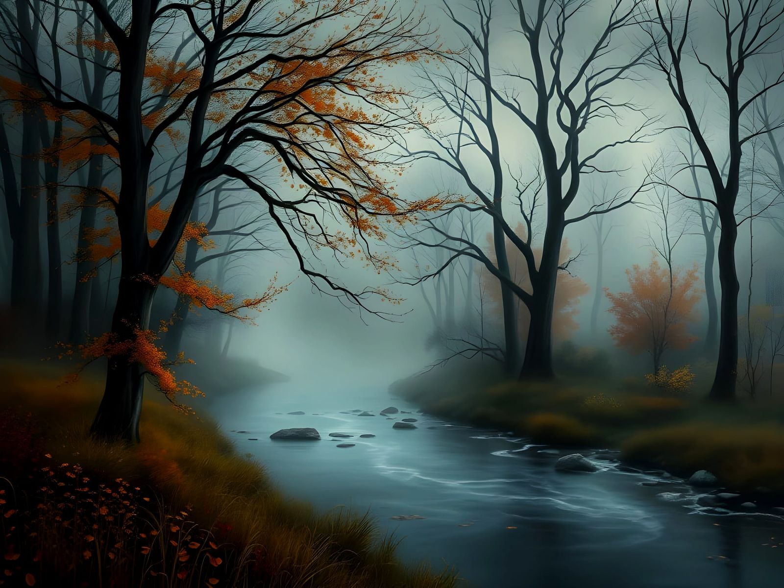 Serene Autumn Foggy Forest Nightscape