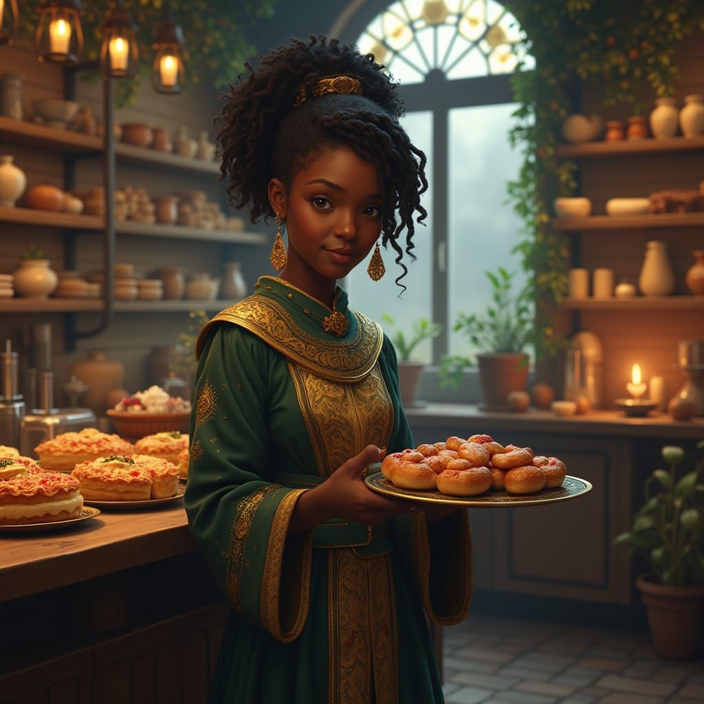 Fantasy Baker-Cleric in Whimsical Bakery Concept Art