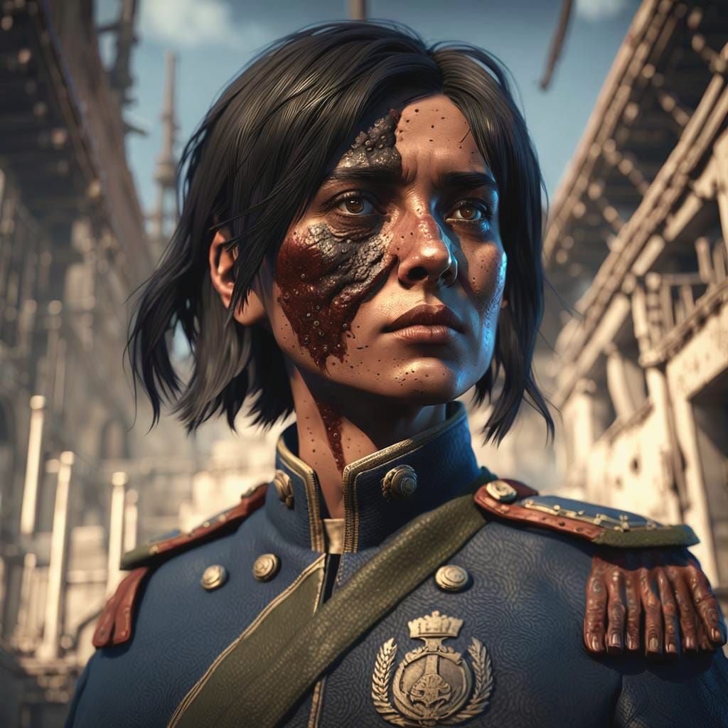 Scarred Hispanic Woman in Military Uniform: 3D Game Art