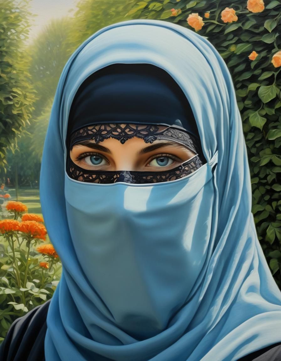 Niqabi in Garden: Detailed Oil Painting