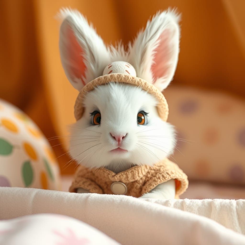 Adorable Angora Rabbit in Baby Clothes, Pixar Style