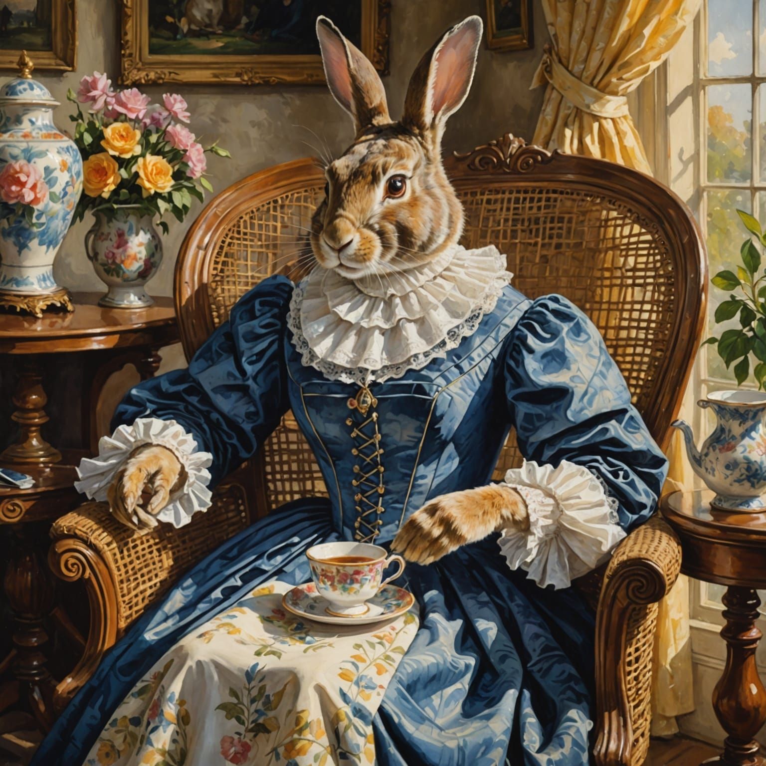 Victorian Rabbit Lady Sips Tea in Elegant Gown