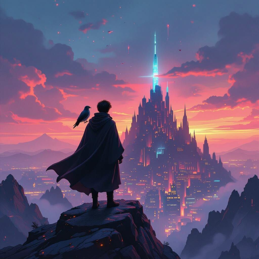 Cyberpunk Harry Potter on Mountain Peak with Hedwig