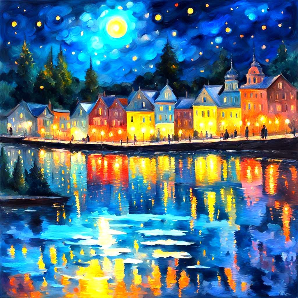 Night Water Reflections in Impressionist Gouache Style