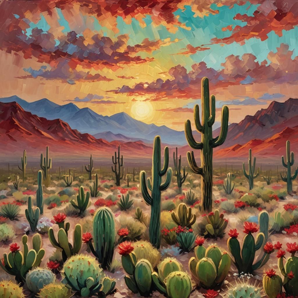 Vibrant Desert Blooms under Red Sky as Impasto Painting