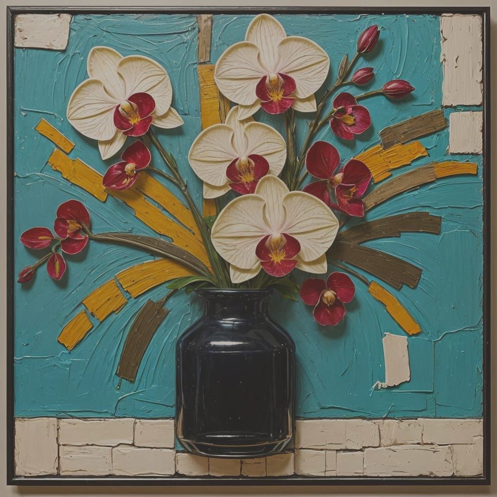 Glamorous Orchid Bouquet in Smoky Cafe, Impasto Oil Painting