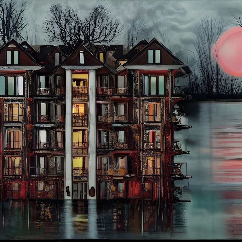 Gloomy Lakeside View Apartments in Contemporary Horror Art