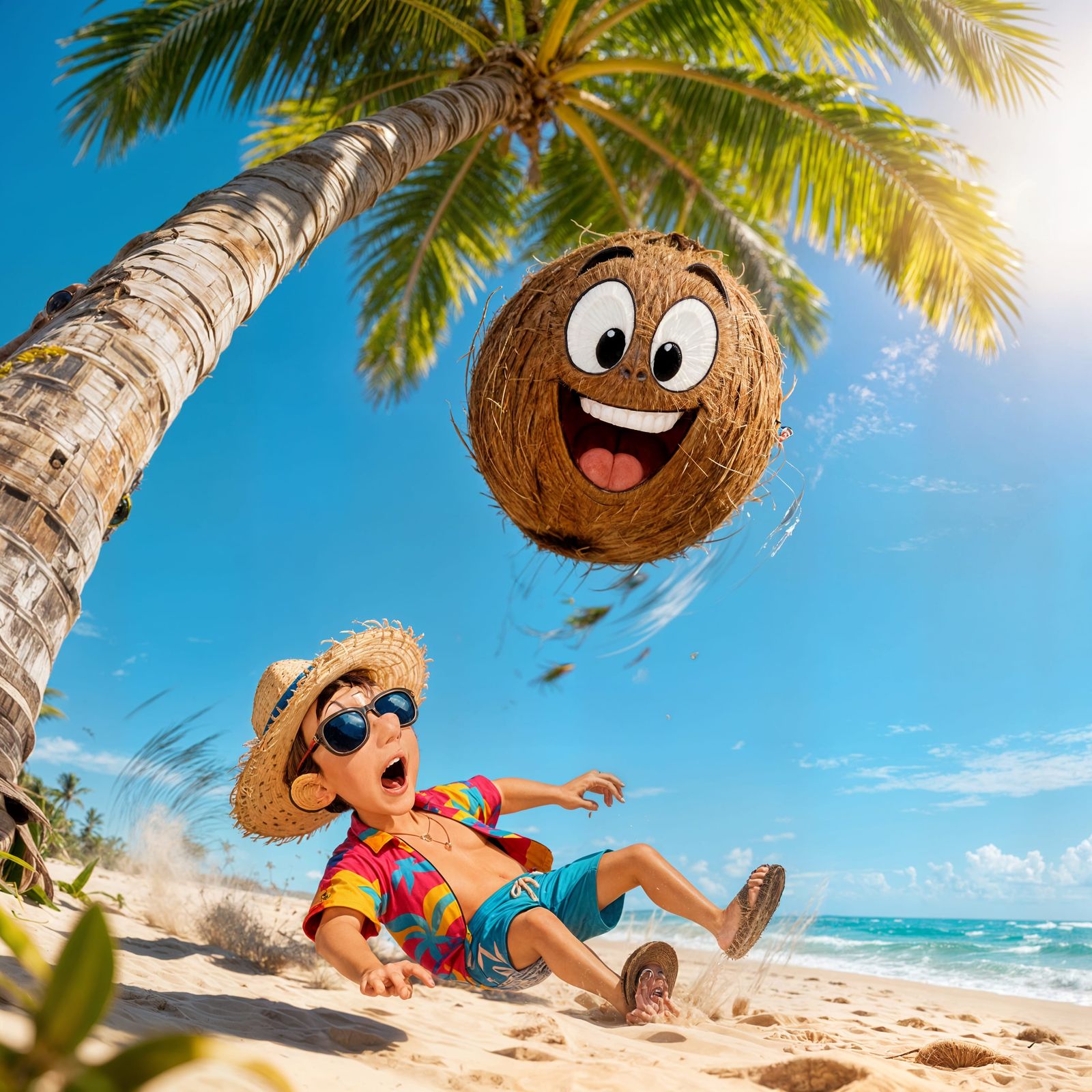 Coconut Falling on Surprised Tourist in Tropical Scene