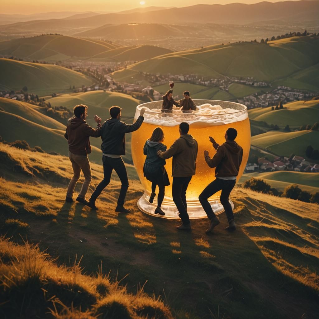 Friends Dancing in Beer Glass at Sunset