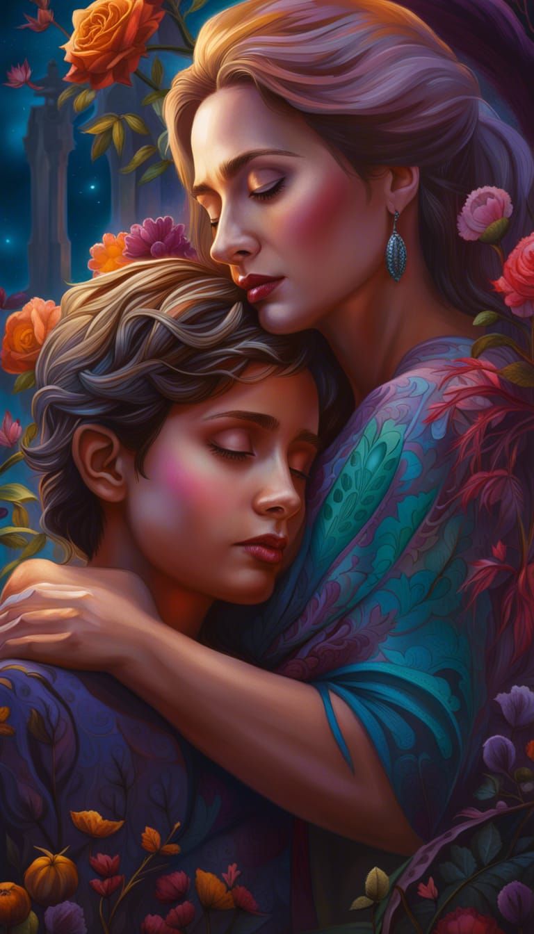 Mother and Son's Embrace in Graveyard: Hyperrealistic Art