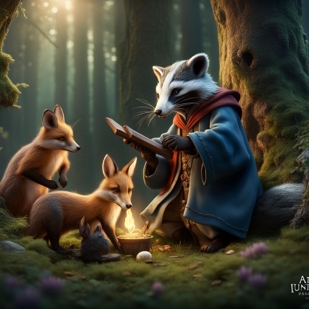 Badger Wizard Weaving Spells in Forest Glade