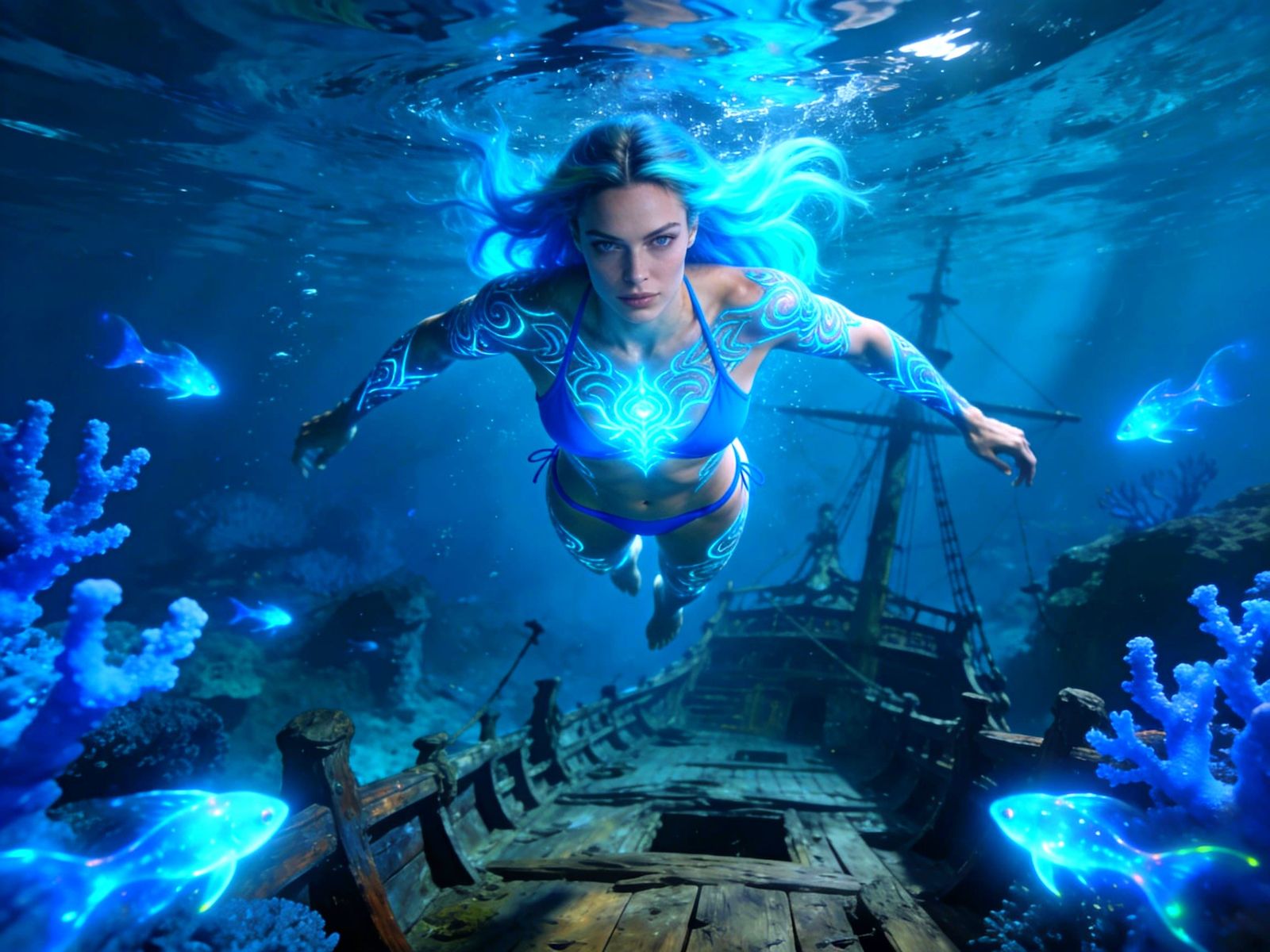 Muscular Warrior Explores Sunken Ship Underwater