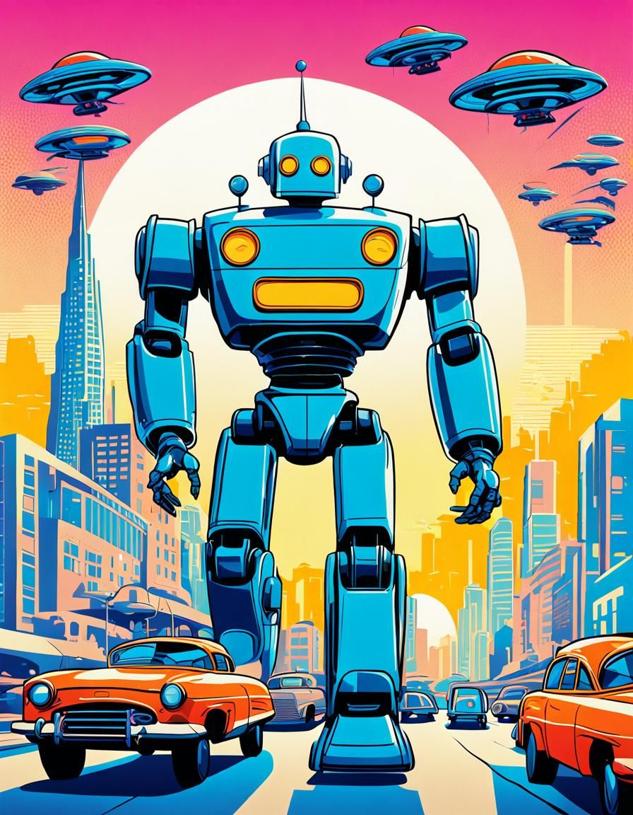Vintage Robot Runs Through Futuristic City in Pop Art