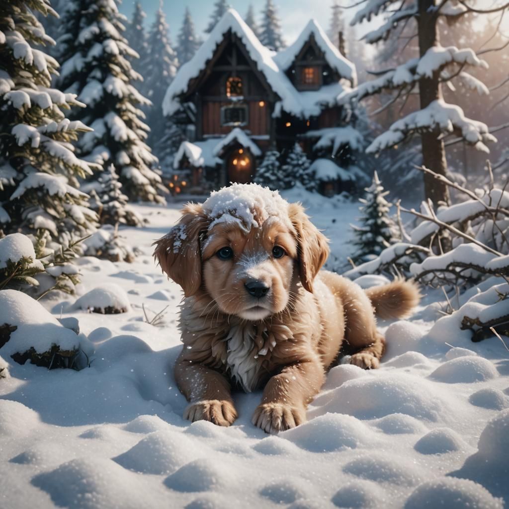 Puppy Covered in Snow Purring Gently