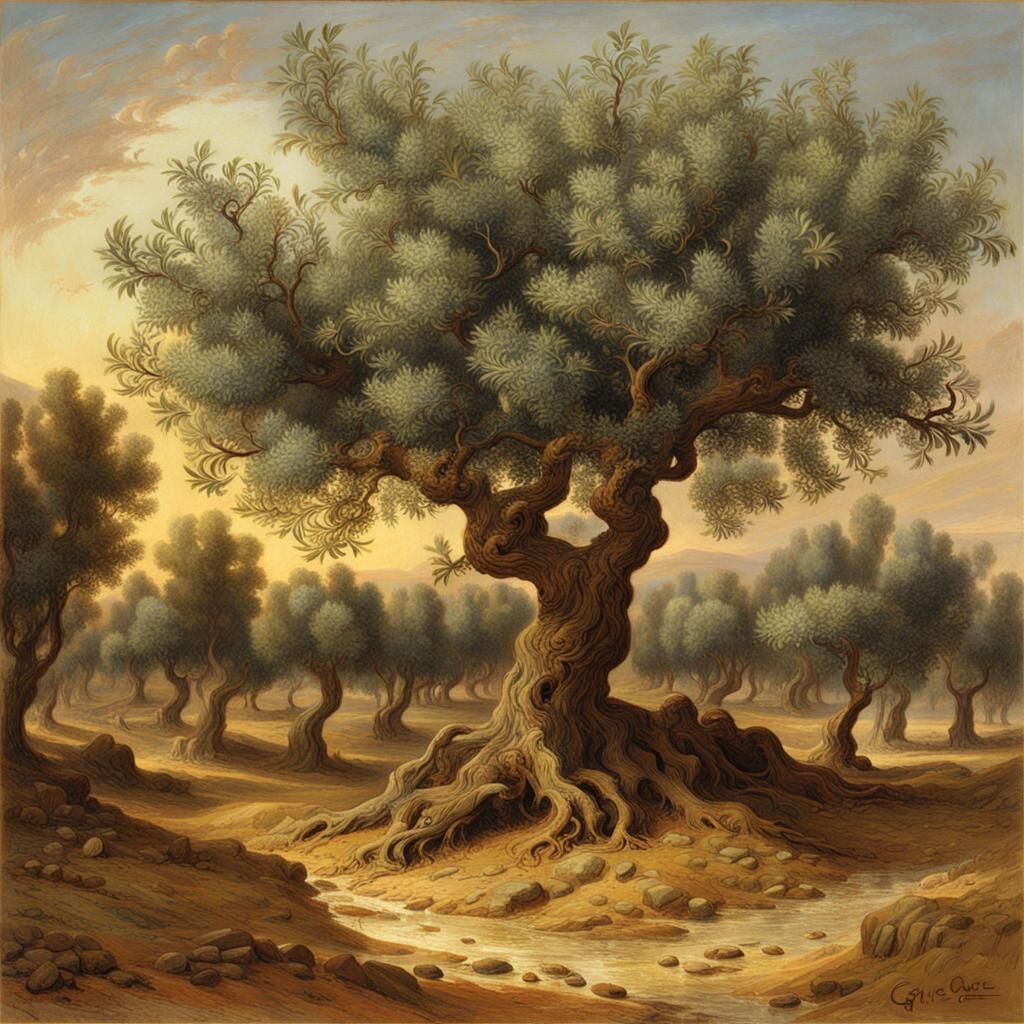 Olive Tree in Orchard, Renaissance Style Painting