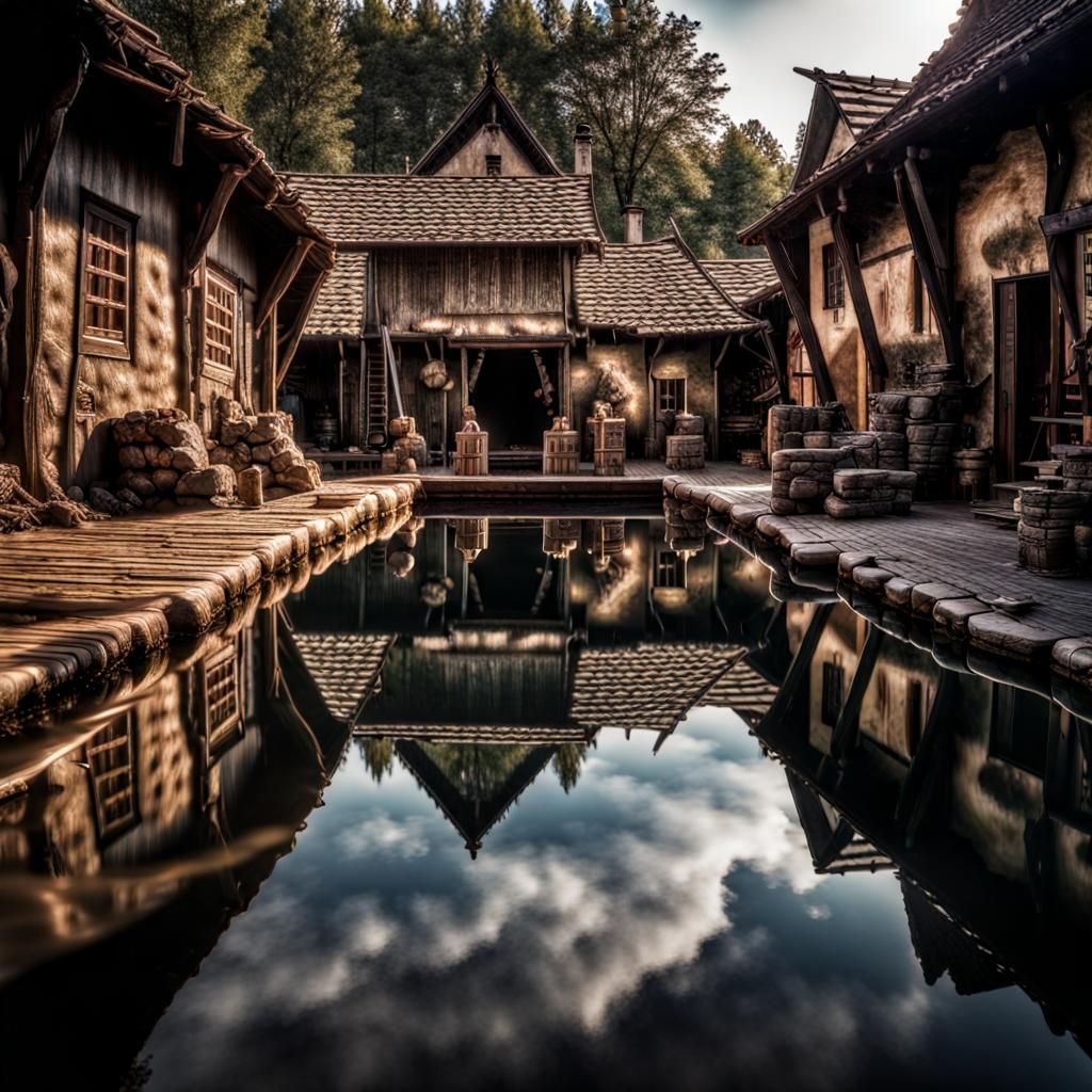 Hyperrealistic Orc Village Reflection in Pool, HDR