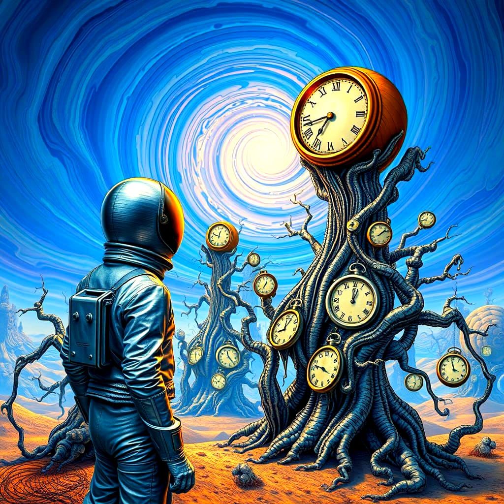 Surrealist Landscape with Melting Clocks and Astronaut