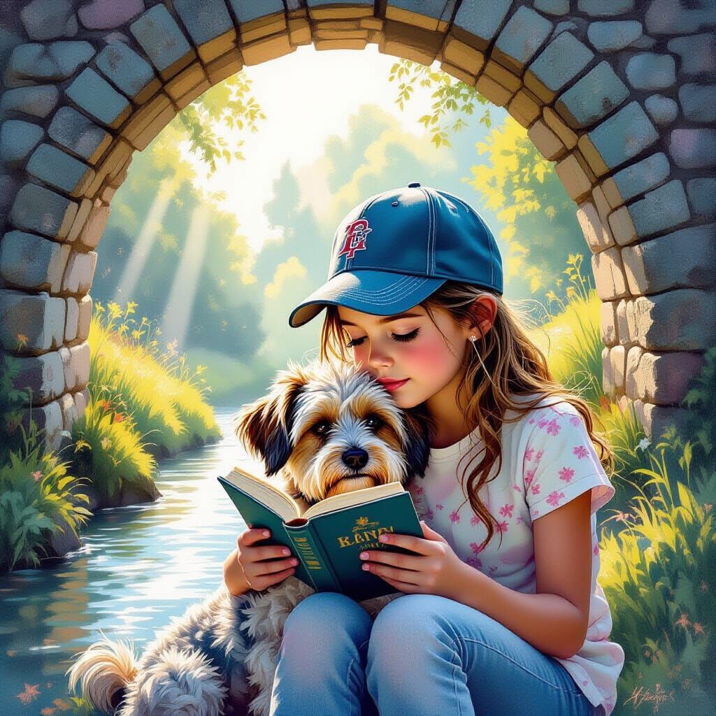 Girl Reading with Dog Under Bridge in Misty Countryside