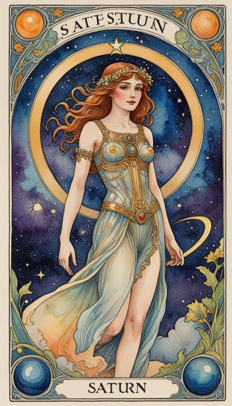 Vibrant Art Nouveau Saturn Tarot Card