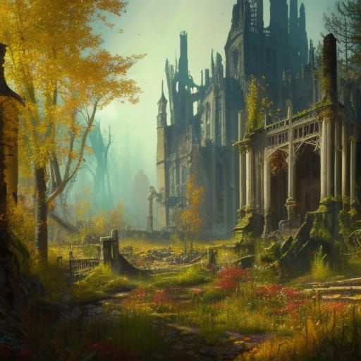 Vibrant Gothic Ruins in Golden Aspen Forest