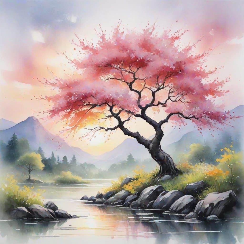 Serene Blossom Tree at Japanese Sunrise
