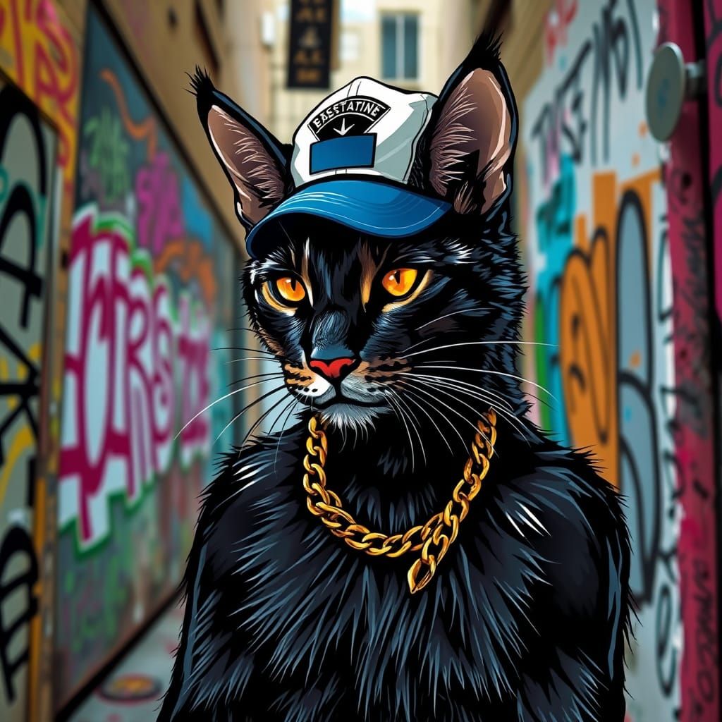 Hip-Hop Cat in Urban Alleyway, Basquiat Style