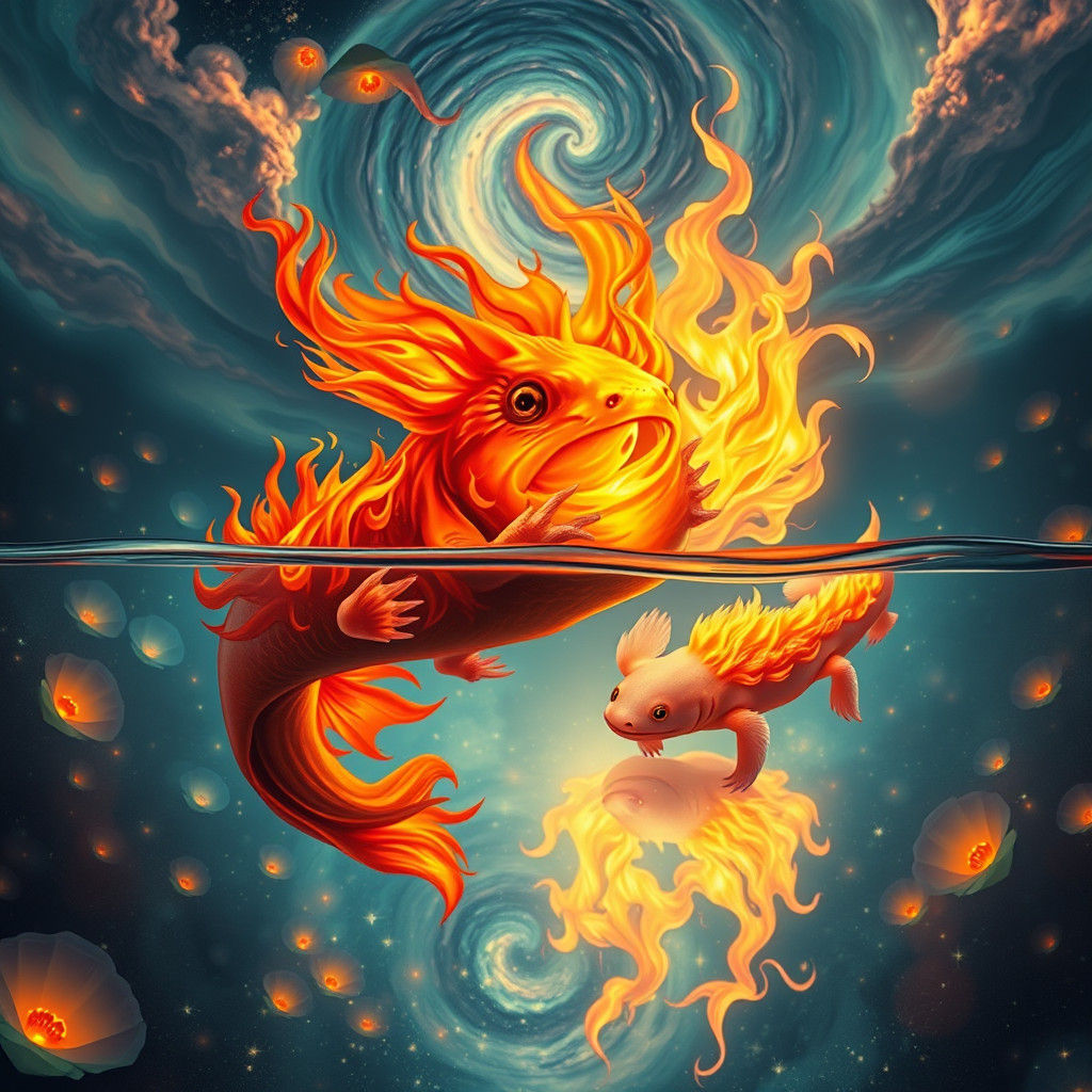 Axolotls in Dreamscape of Fire and Water