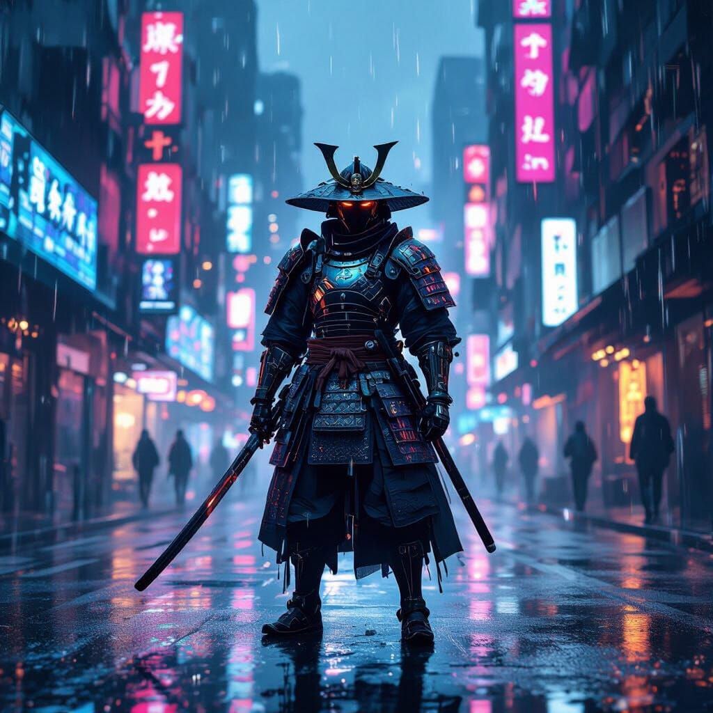 Cyberpunk Samurai on Neon Street