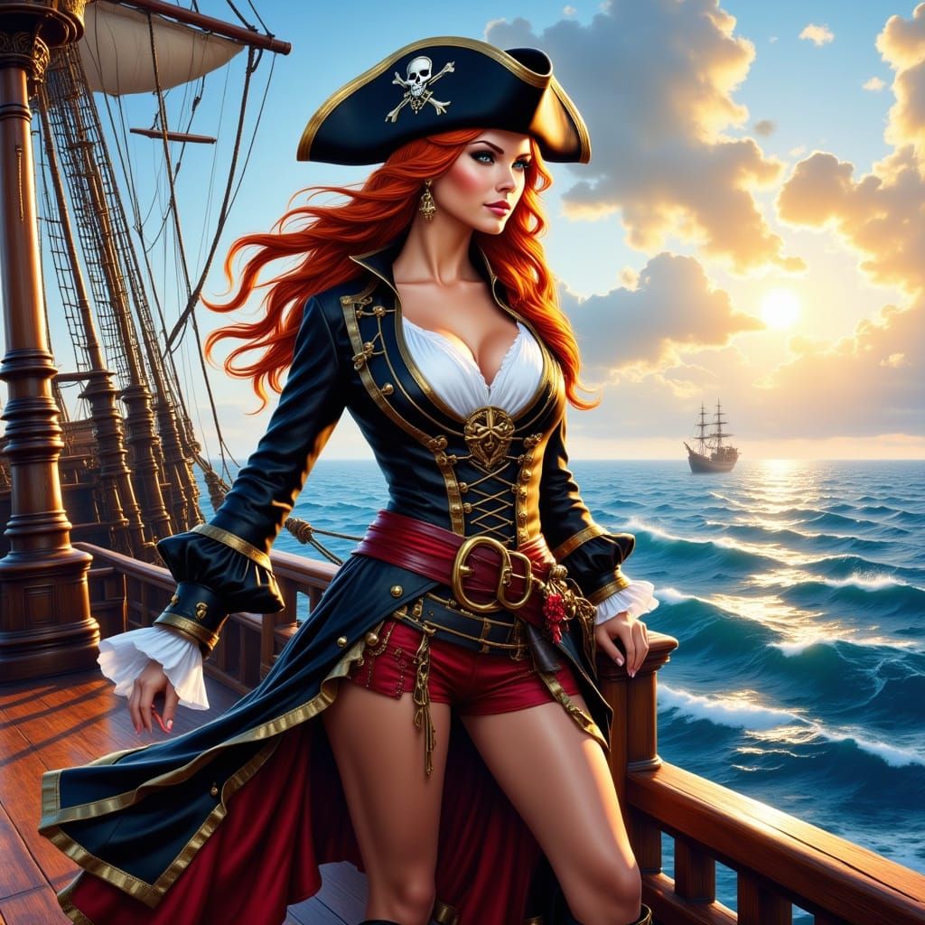 Pirate Woman on Ship Deck in Stormy Seas Watercolor