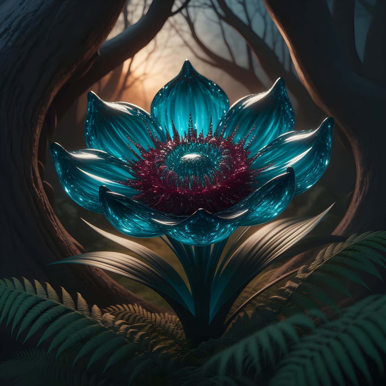 Enchanted Blue-Green Flower in Dark Forest