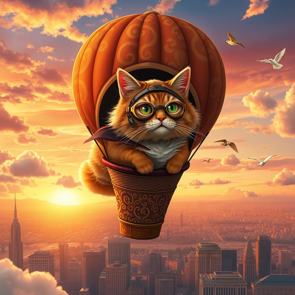 Ginger Cat Soars in Golden Hot Air Balloon Over Bustling Met...