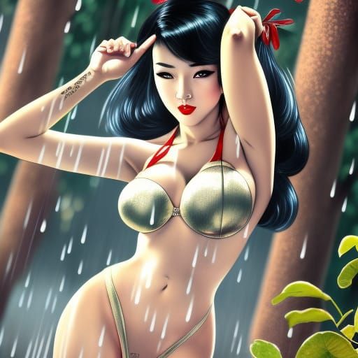 Asian Pin-Up Girls in the Rain, Detailed Render