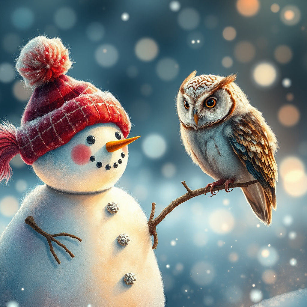 Glimmering Snowman and Owl Watercolor Painting