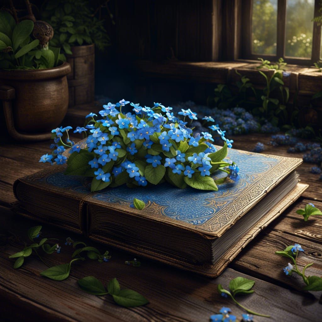 Botany book covered with forget-me-nots...
