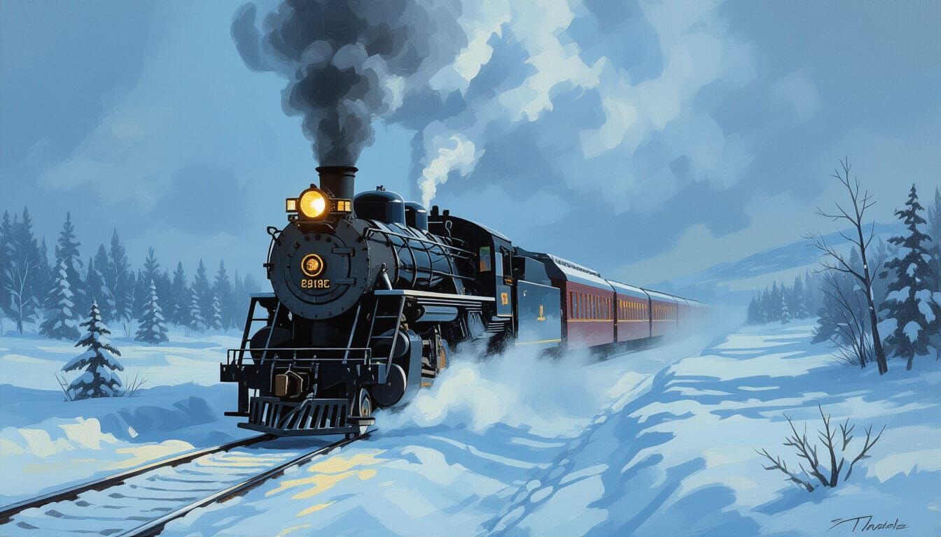 Majestic Steam Train in Winter Blizzard Oil Painting