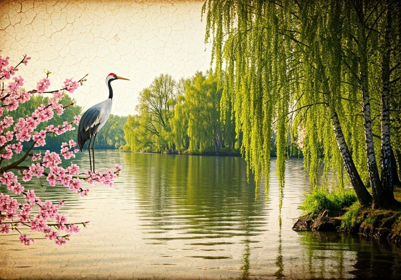 Crane on Cherry Blossom Tree: Vintage Painting