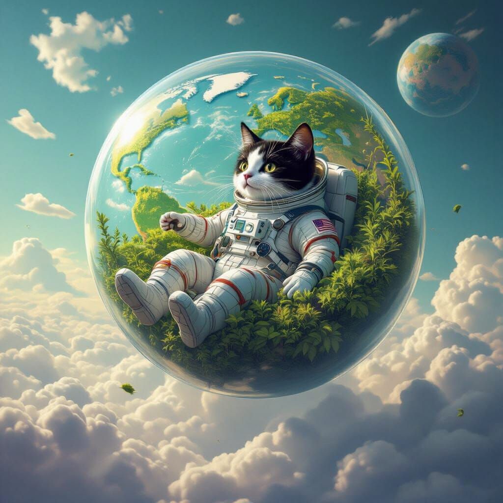Cat Astronaut Orbiting a Green Planet as Matte Painting