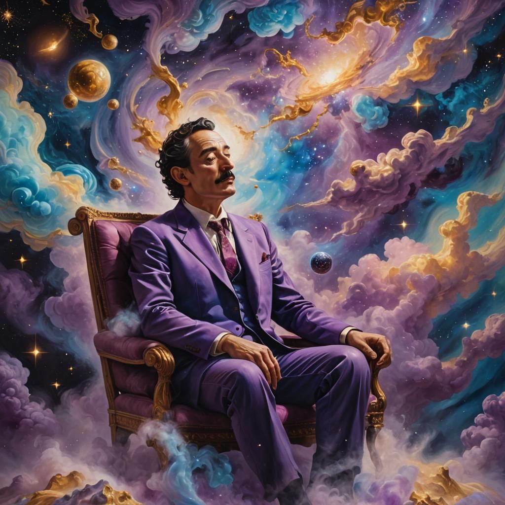 Man Sculpting the Cosmos in Surreal Oil Painting