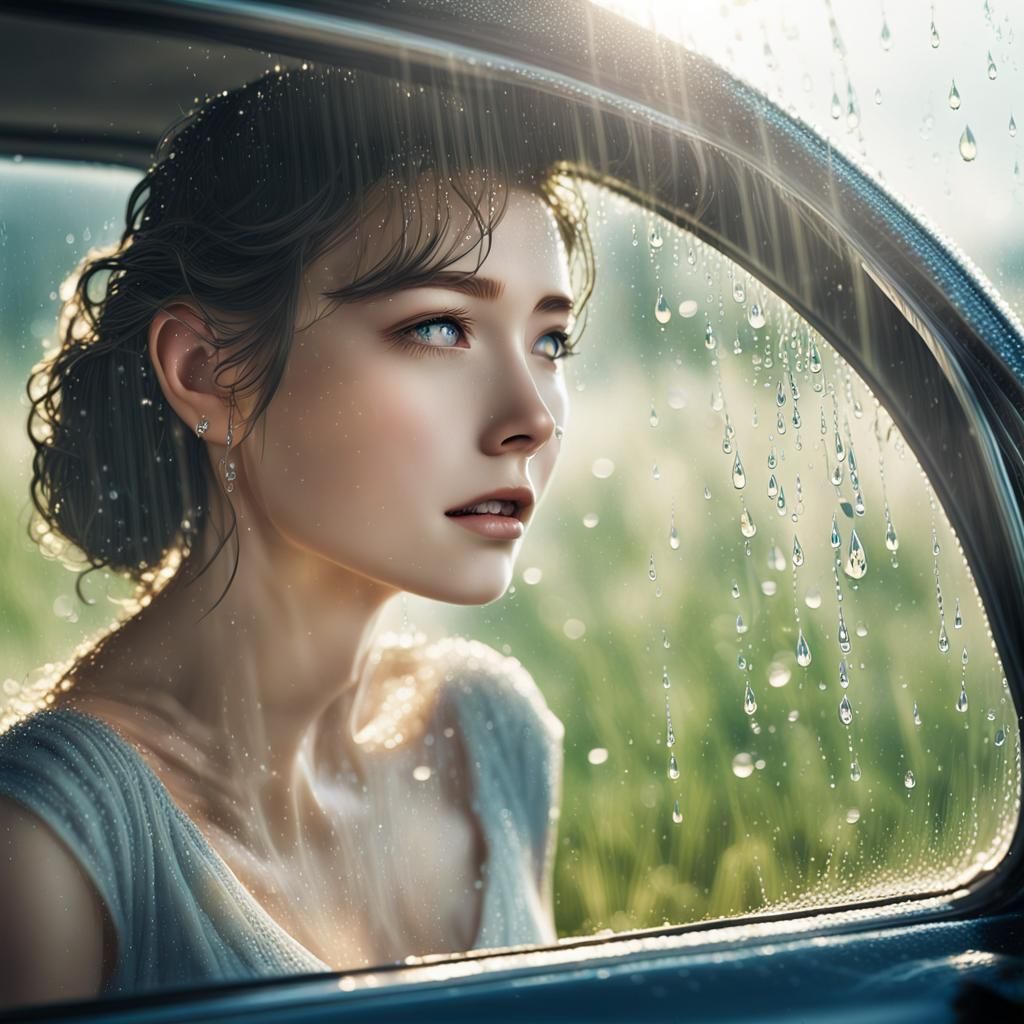 Dreamy Macro Shot of a Woman Through Wet Window