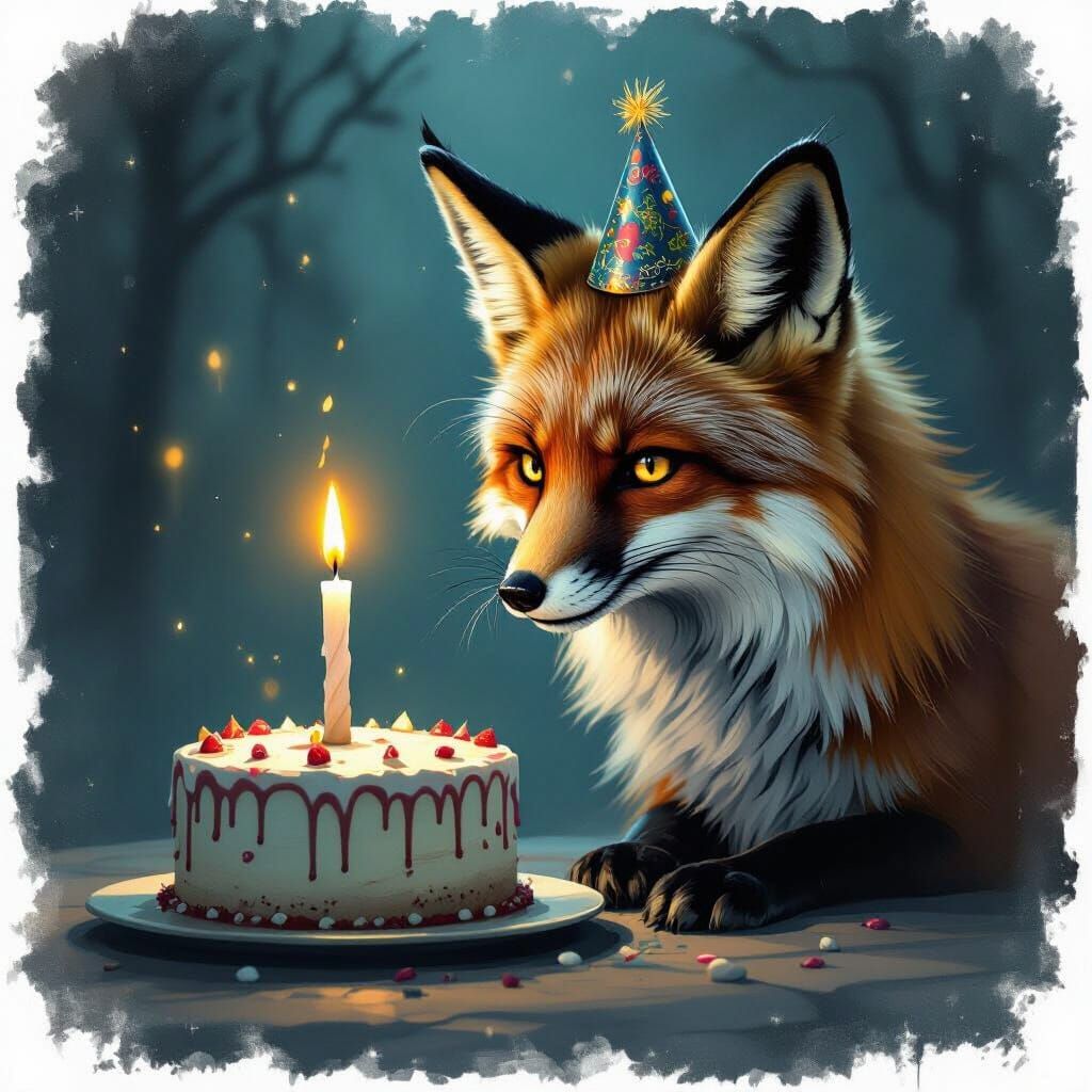 Mystical Fox Birthday Scene in Dark Aesthetic