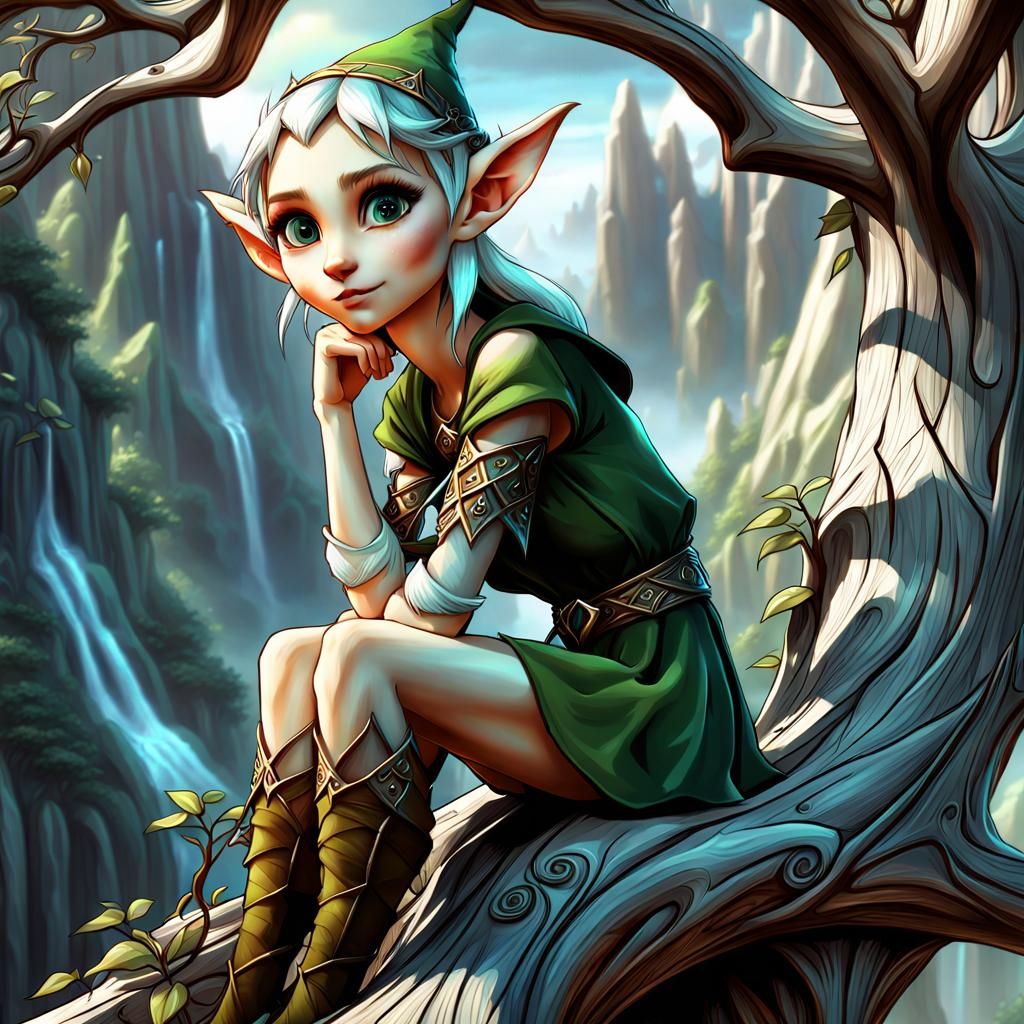 little elf girl sitting on a tree branch