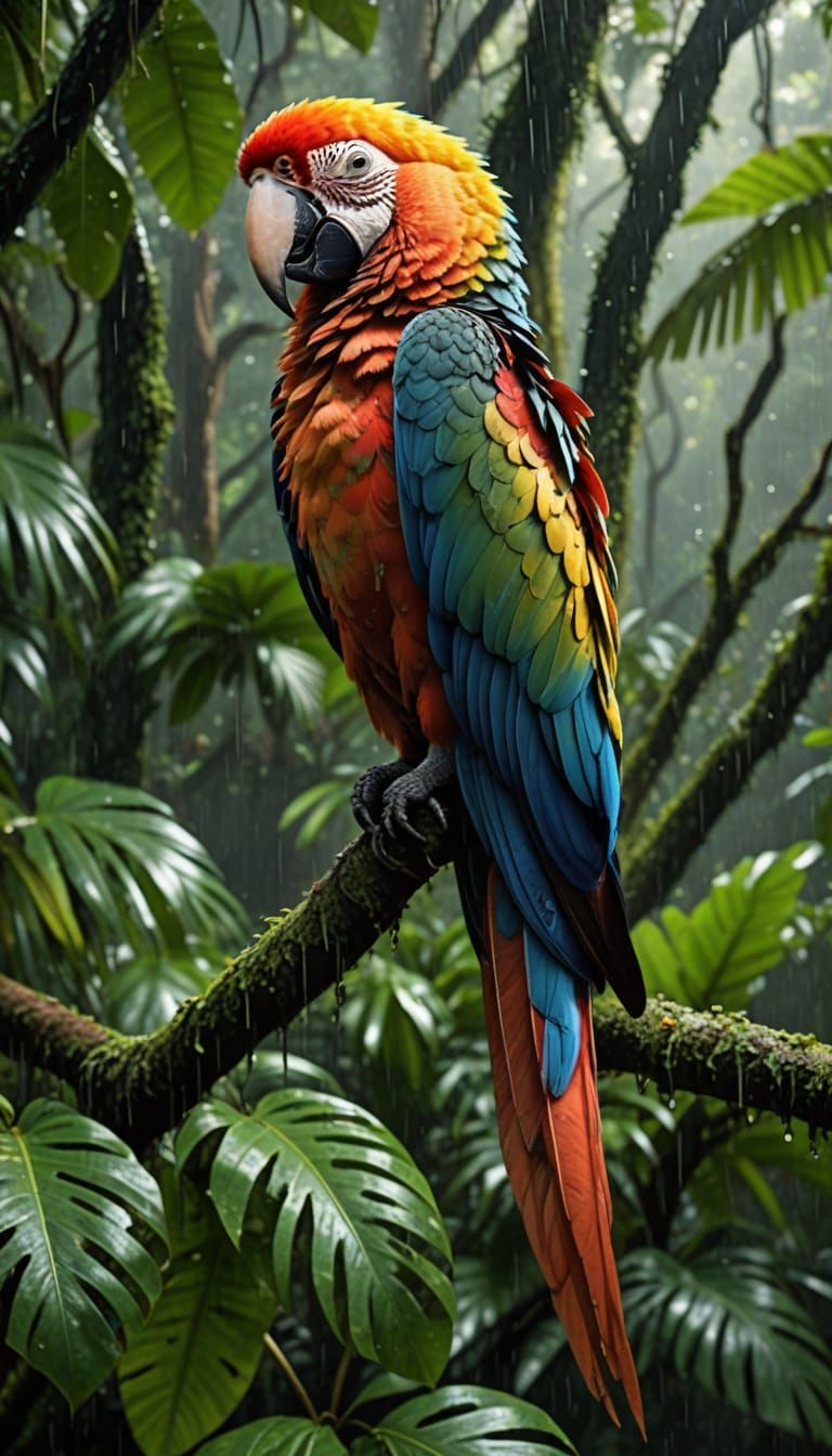 Close-Up Tropical Macaw in Rainforest