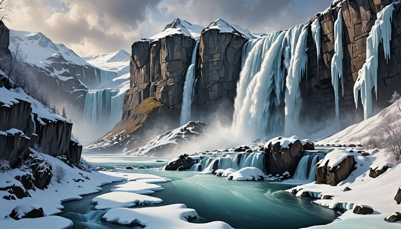 Arctic Waterfalls Converge in Frozen Landscape