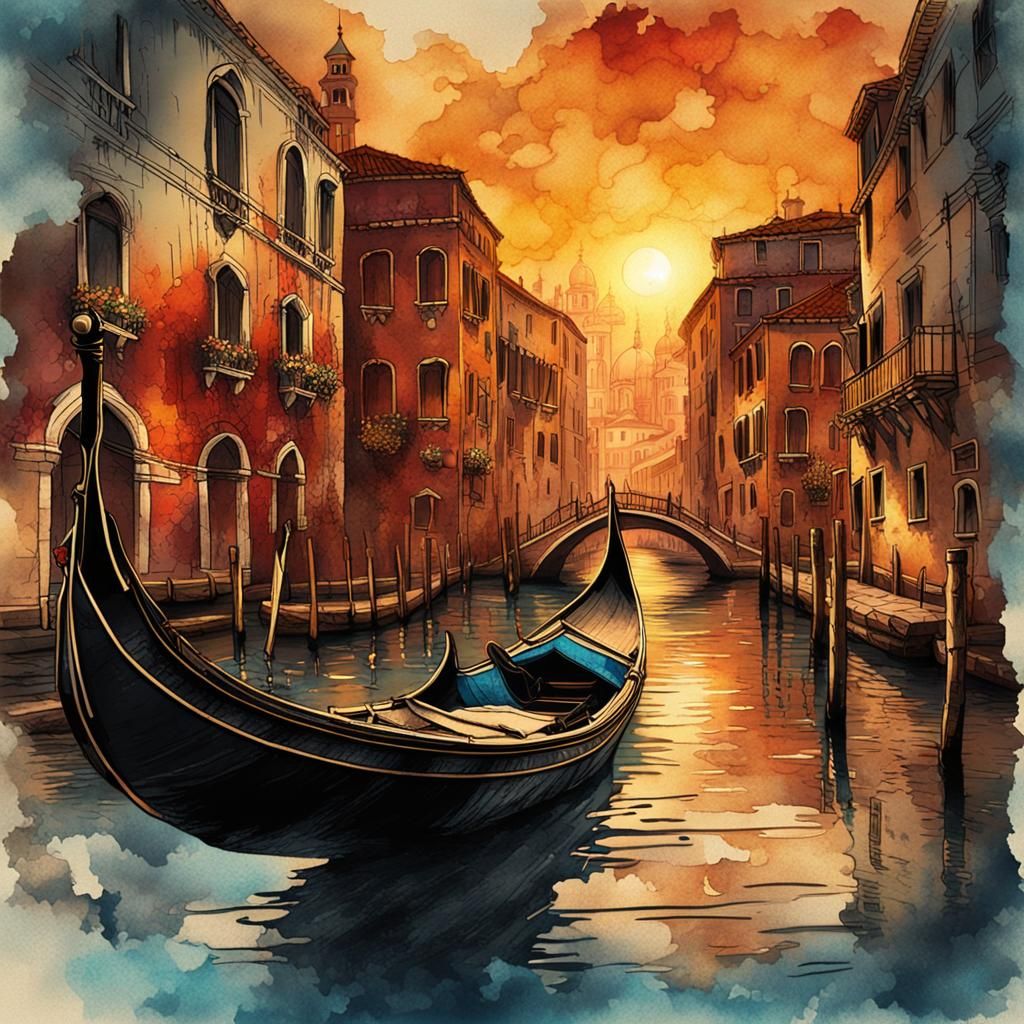 Venice Gondola Sunset in Steampunk Ink Painting