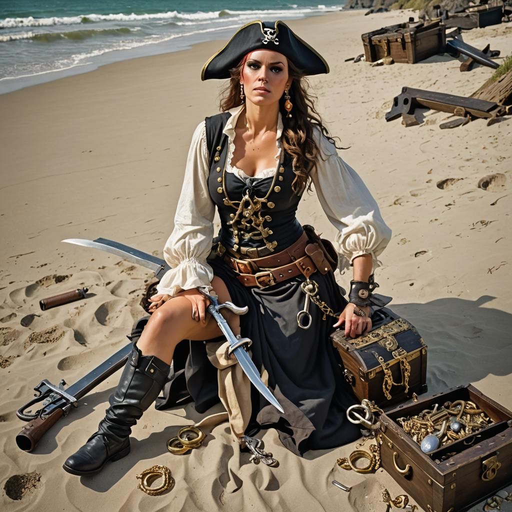 Pirate Wench with Treasure on the Beach