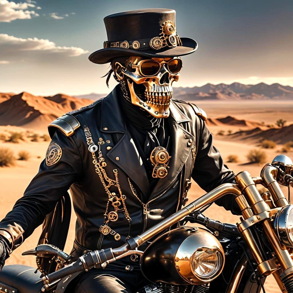 Steampunk Skeleton Rides Motorcycle in Desert Landscape